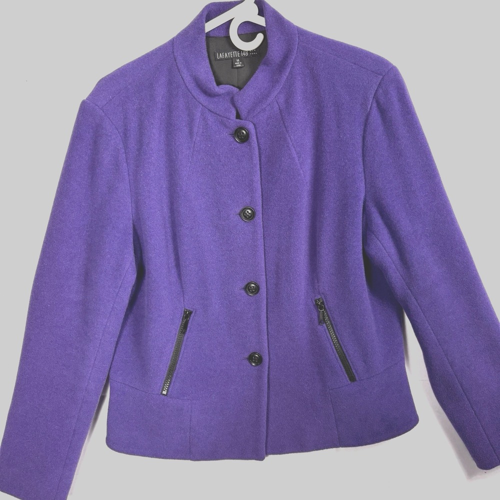 Lafayette 148 Size 14 Jacket Wool Blend Mandarin Collar Blazer Purple Button